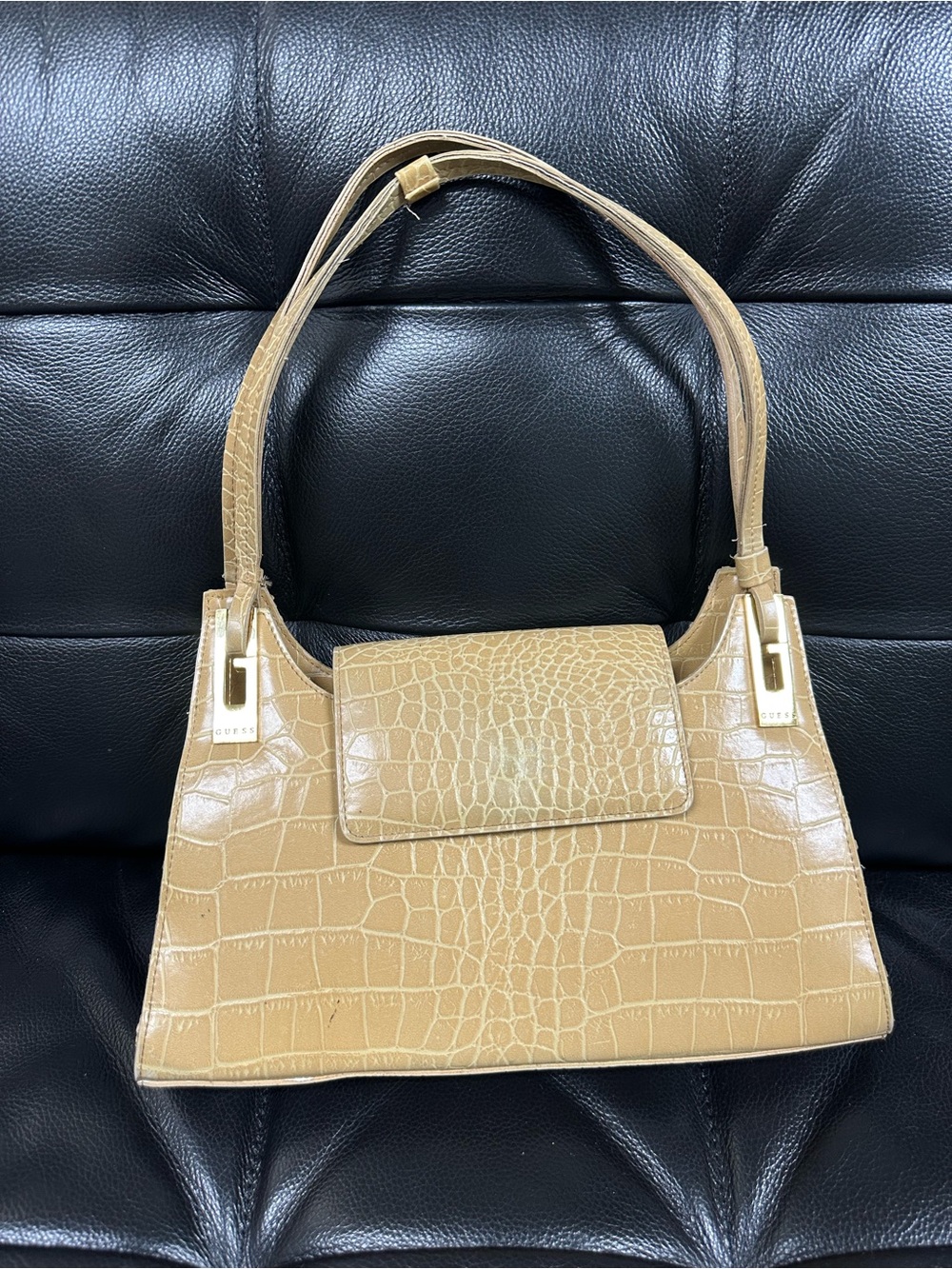 Guess Tan Croc-Embossed Shoulder Bag w Gold Hardware